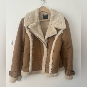 NWOT! EXPRESS Sherpa and faux suede moto style jacket coat, brown, medium